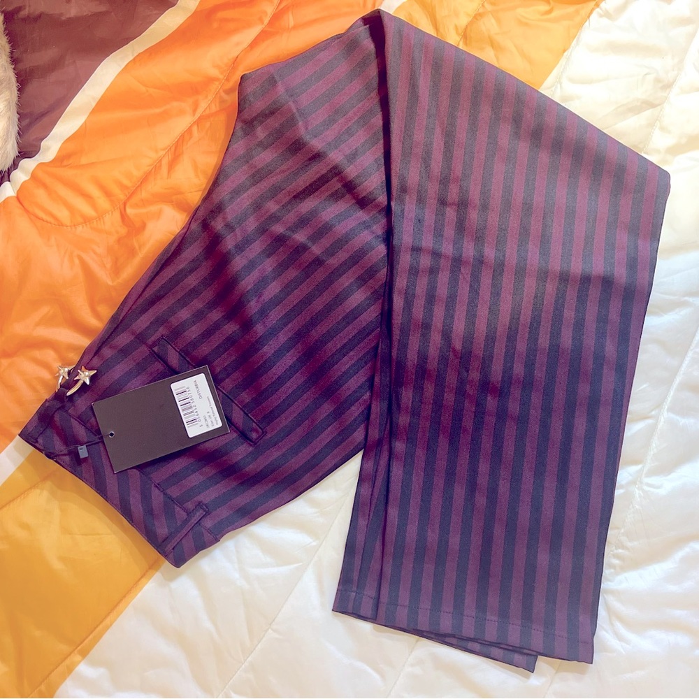 Maroon black pinstripe pleated straight leg pants Disturbia high rise